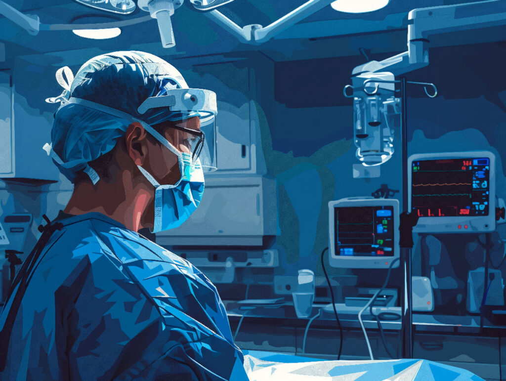 Ameliyathanede spinal anestezi uygulaması için hazırlık yapan uzman doktor.